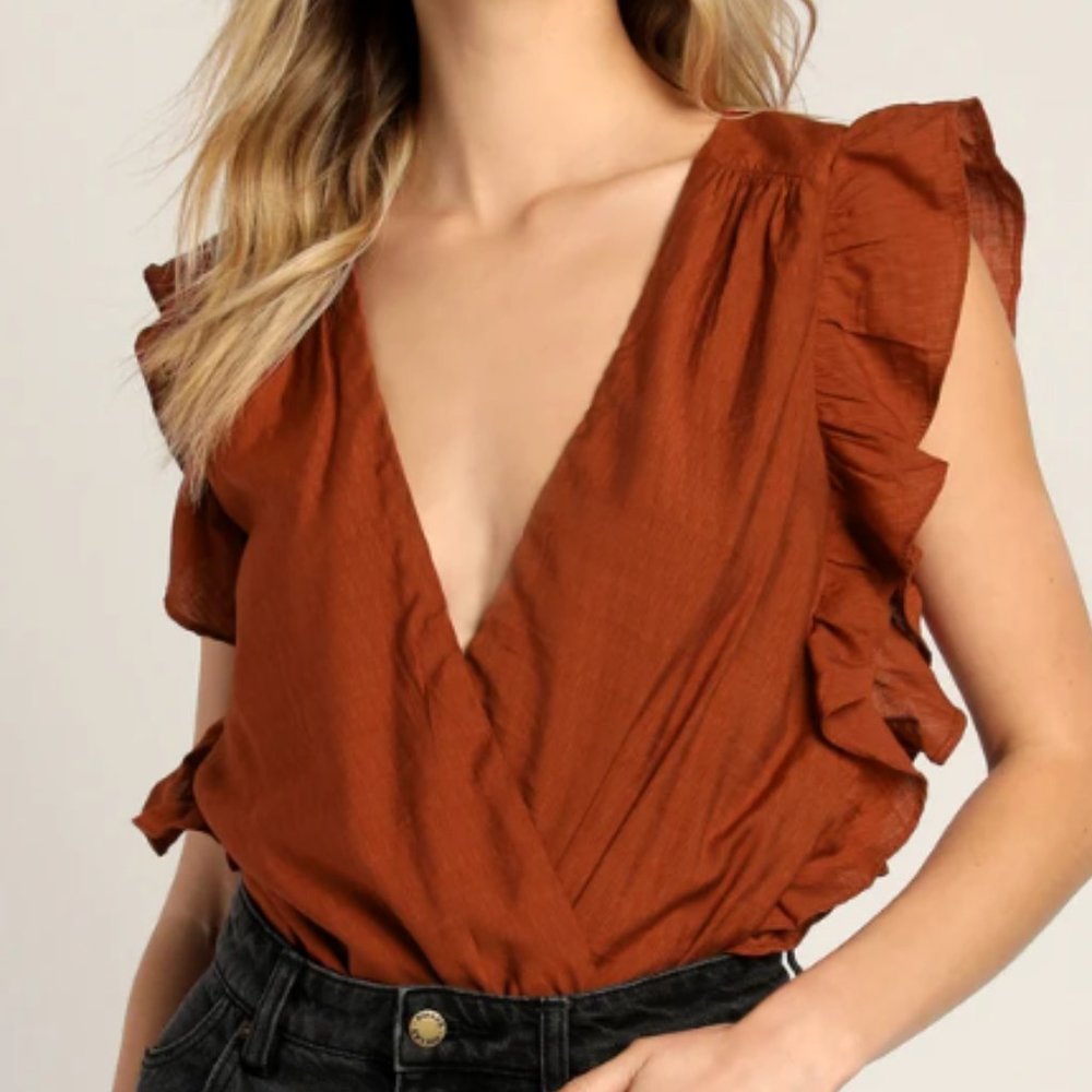 Smile Awhile Rust Red Ruffled Surplice Bodysuit - Picture 5 of 9